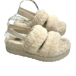 Ugg Oh! Fluffita Sherpa Slide Platform Sandal Slide Slippers SZ 9 Natural Beige